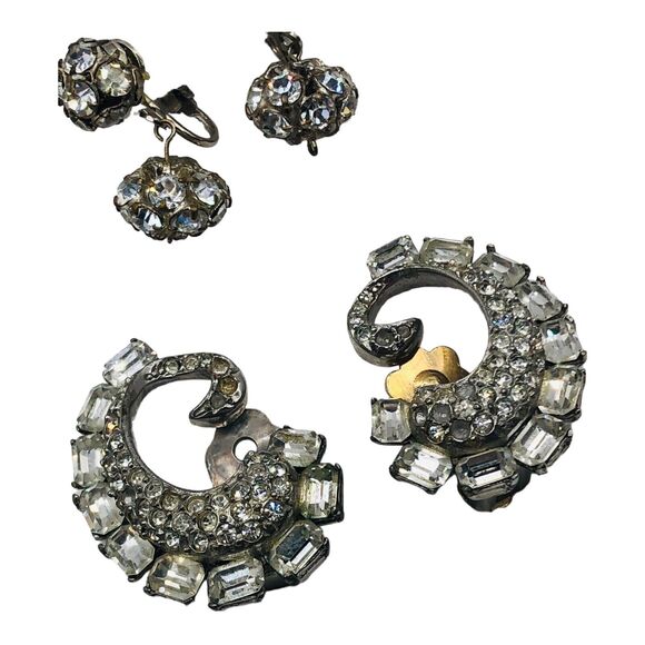 Lot Of 4 Costume Earrings Chunky Glass Rhinestones Clip Screw Back Paisley - Picture 5 of 16